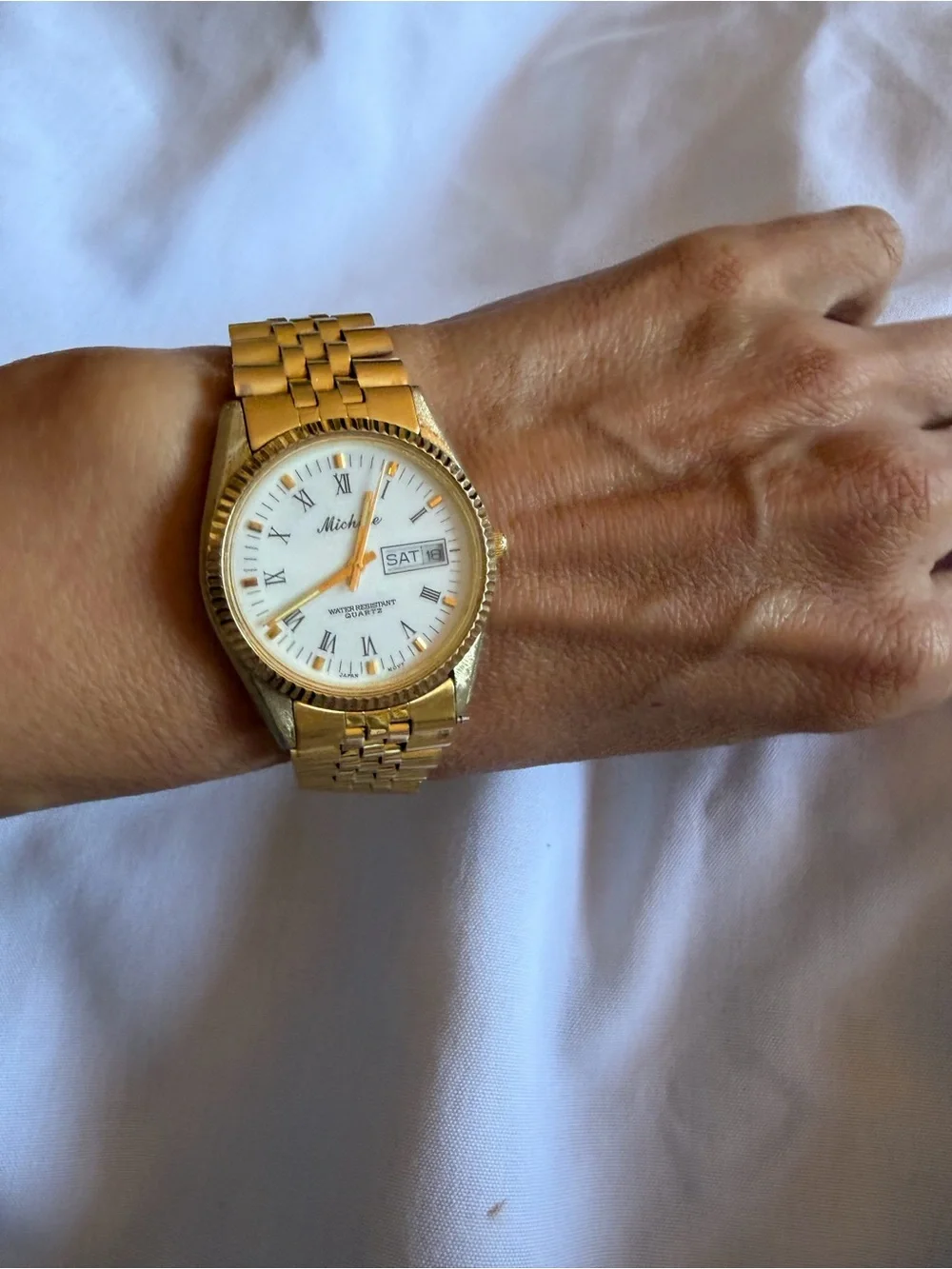 Vintage Michele 33mm Gold Tone Quartz Day Date Watch White Roman Dial - Picture 3 of 15